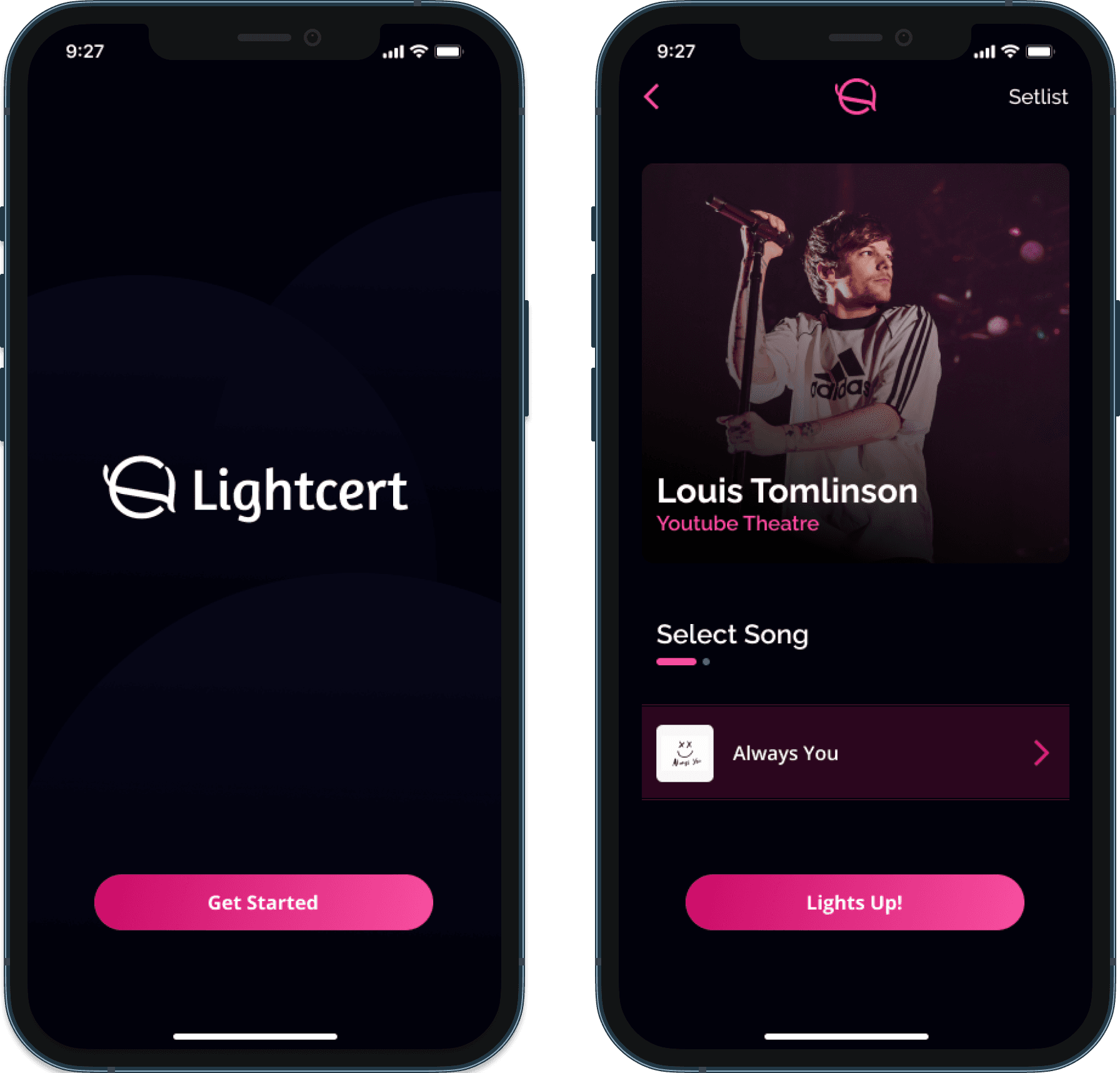 Two iPhones showing the Lightcert app — splash screen and setlist screen at a concert