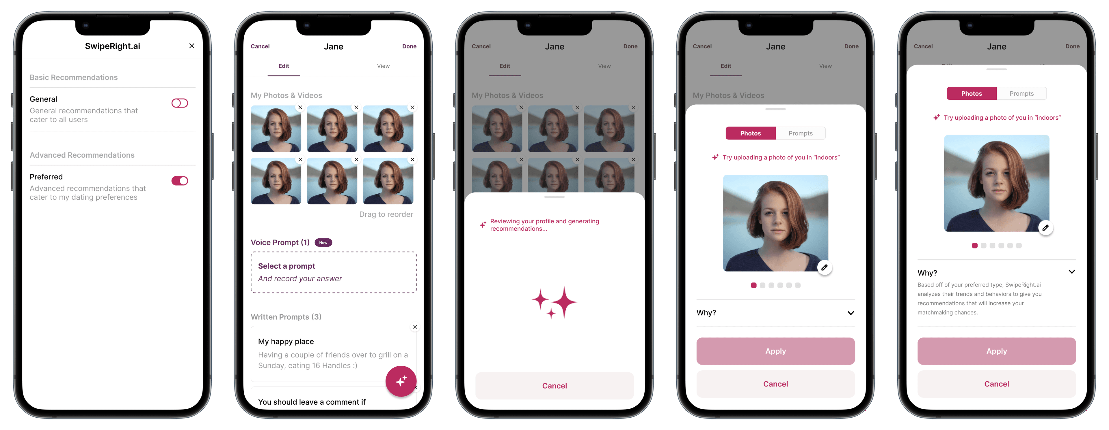 SwipeRight.ai app screens showing profile optimization recommendations